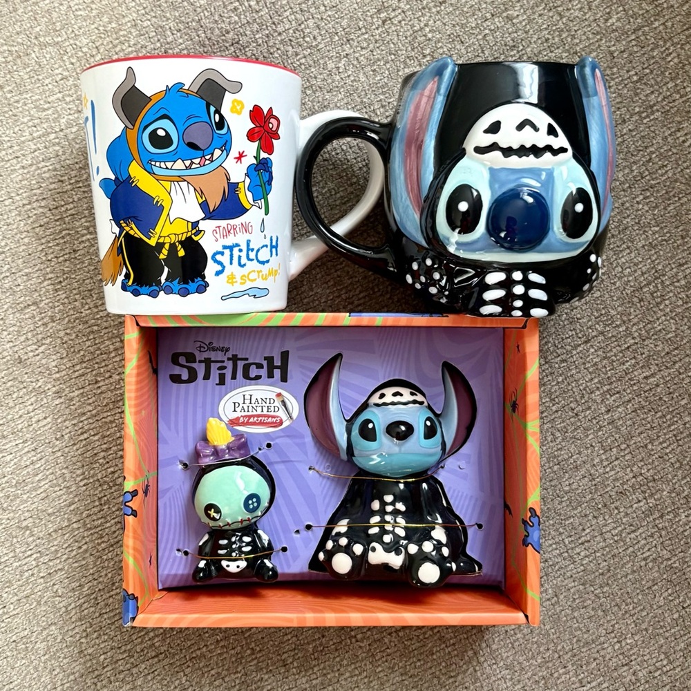 DISNEY HALLOWEEN STITCH SCRUMP CERAMIC S&P SHAKERS SKELETON MUG BE OUR GUEST NWT